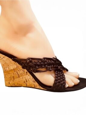 NINE WEST Brown satin crisscross woven braid 4" cork wedge heel sandal sz 8